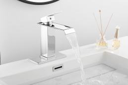  Chrome Waterfall with Pop Up Drain for Sink 1 Hole Bathroom Sink Faucet 