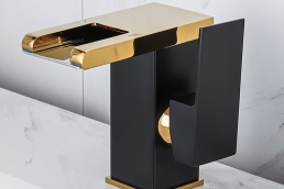 Waterfall Bathroom Faucet Black&Gold Led Light 3 Colors Changing Spout Single Handle 