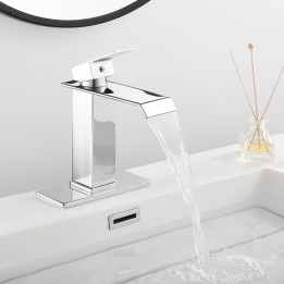  Chrome Waterfall with Pop Up Drain for Sink 1 Hole Bathroom Sink Faucet 