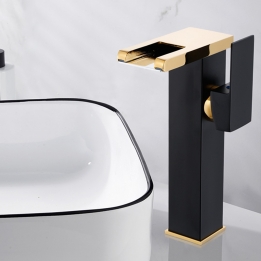 Bathroom Vessel Led Faucet Black& Gold 3 Color Changing Waterfall Single Handle One Hole